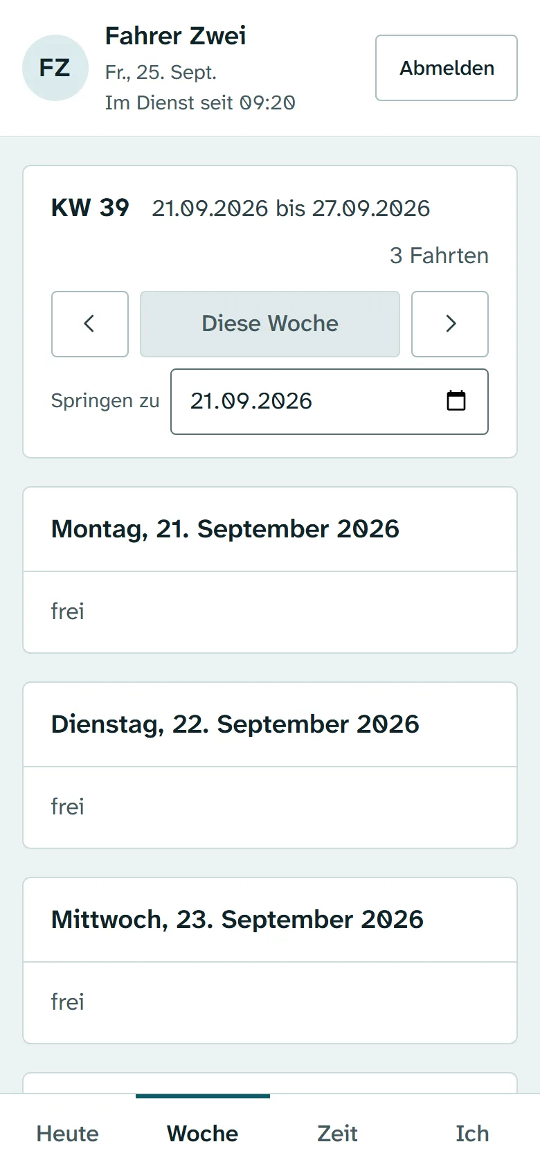 Fahrerportal auf dem Handy, Reiter Woche: Kalenderwoche mit Blättern, darunter je Tag die eigenen Fahrten oder frei.